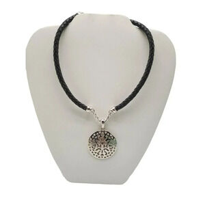 Premier Designs Openwork Medallion Pendant Leather Cord Necklace Silver Tone